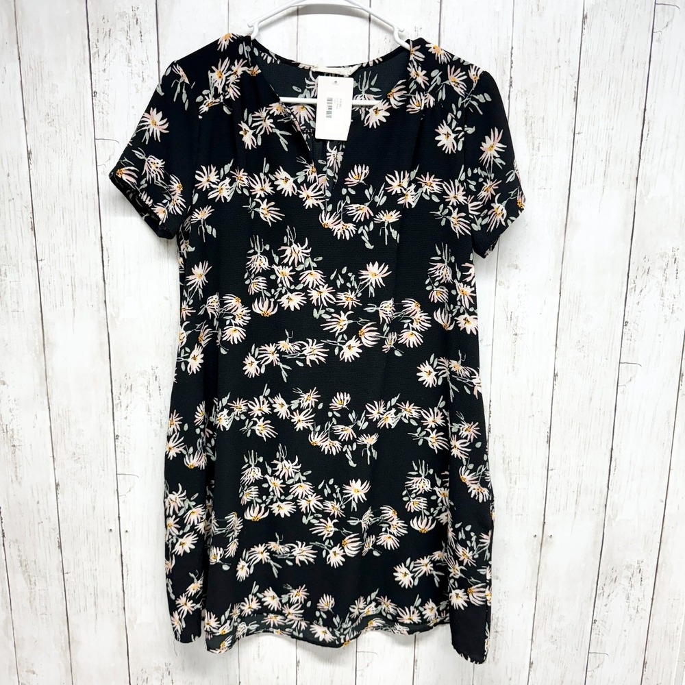 Lush Floral Shift Dress Womens Size S Black Daisy Short Sleeve V-Neck Mini Boho
